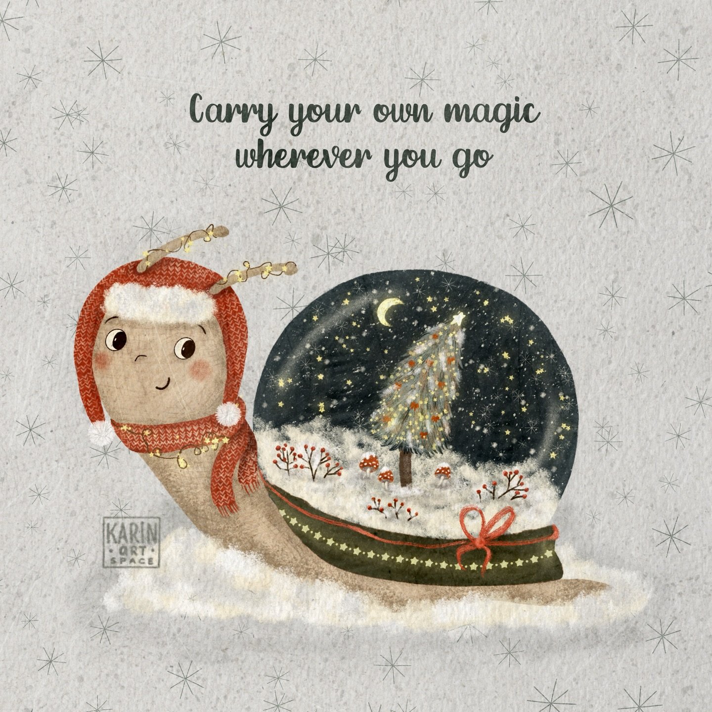 ✨ Carry your own magic wherever you go ✨

This month I wanted to share with you a tiny spark of inspiration💖
So I created a cozy winter phone wallpaper with a snail carrying a snowglobe on its back &mdash; a reminder that you carry your own magic wh