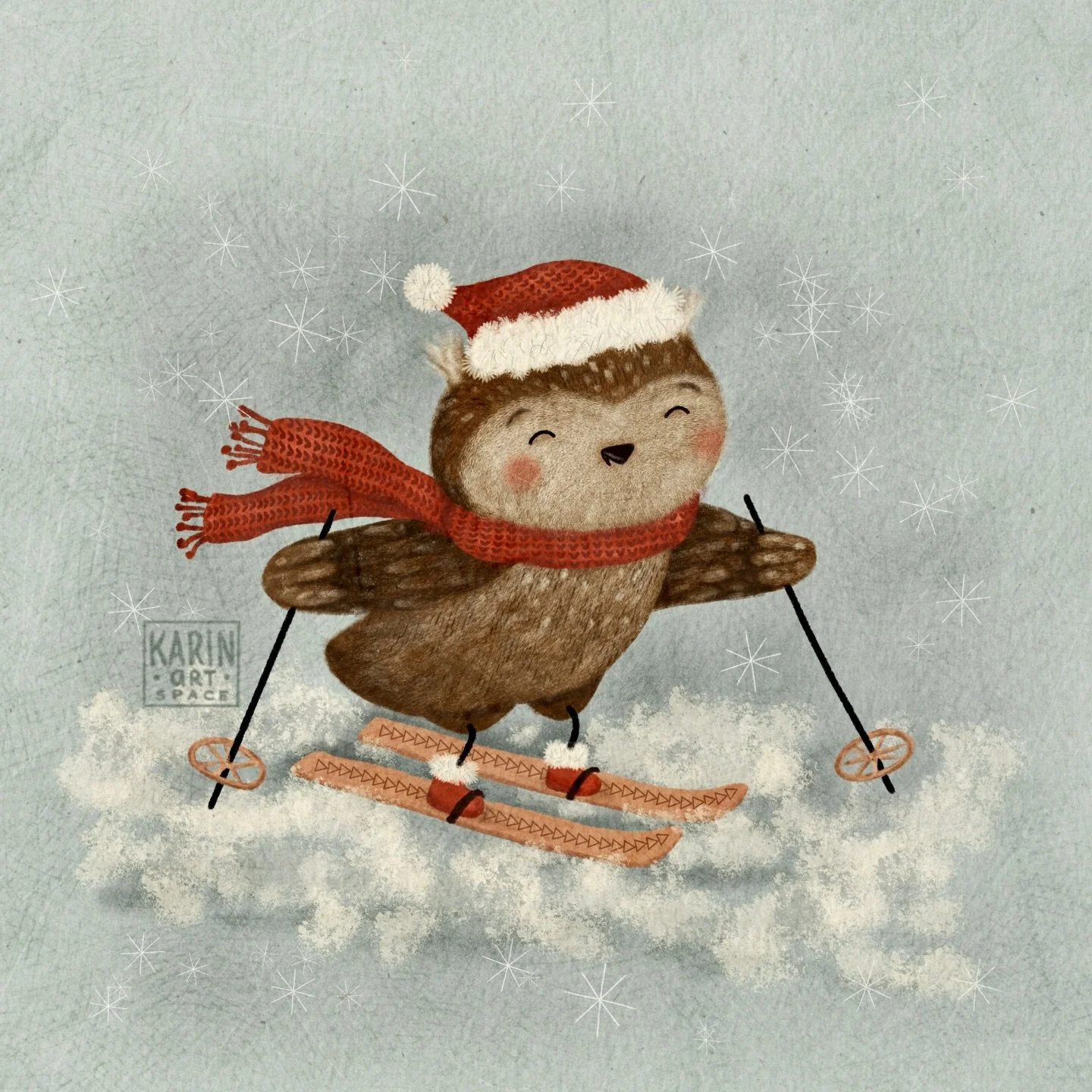⛷️ Would you join this little owl on her joyful ski ride?🦉She&rsquo;s ready to glide through the snow with rosy cheeks and lots of joy🥰❄️

This was a commissioned illustration I created some time ago for a ski lover🩵

Looking for brushes and textu