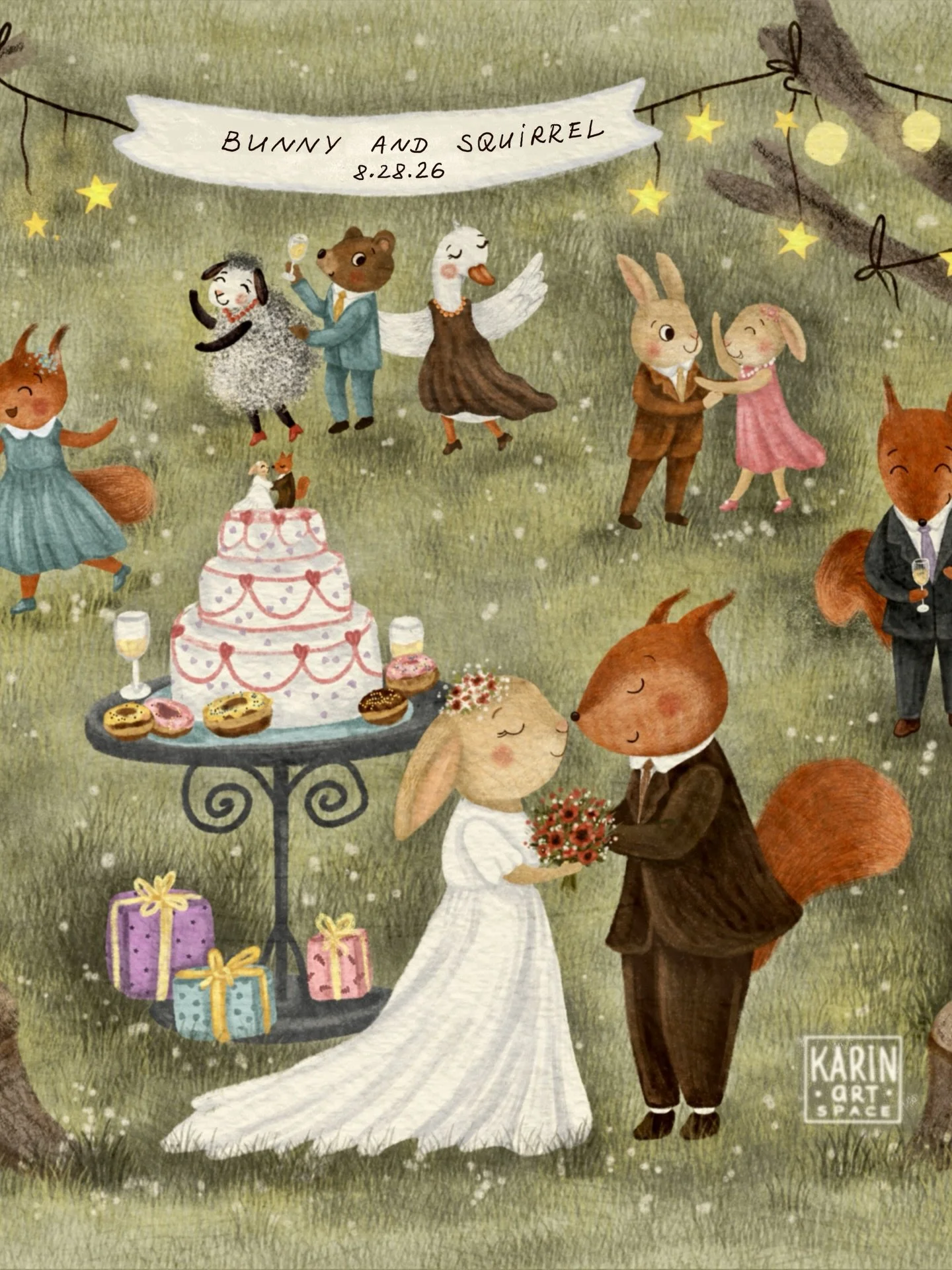 🐰🐿️ A very special commission I had the joy of creating - a wedding invitation illustrated as a tiny storybook world for a sweet couple ✨ (Swipe to see the full illustration + their kind words in the review 🥹🤍)

The bride&rsquo;s family appears a