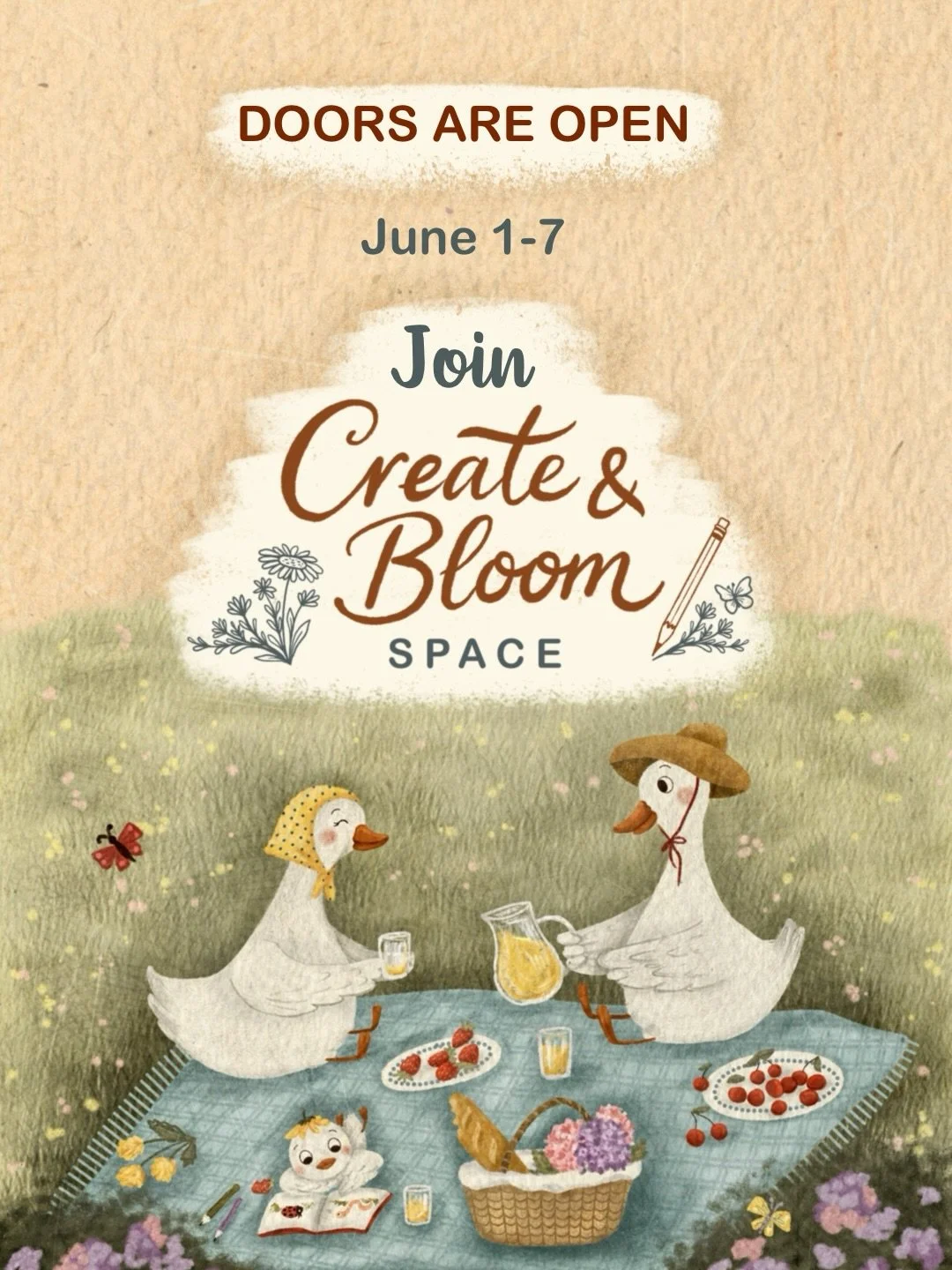 🌿 DOORS ARE OPEN 🌿

Create &amp; Bloom Space is now welcoming new members until June 7th ✨

This month we&rsquo;re creating a whimsical storybook illustration called: 🧺 Cozy Picnic Tales 🪿

A cozy picnic scene filled with charming characters, mag