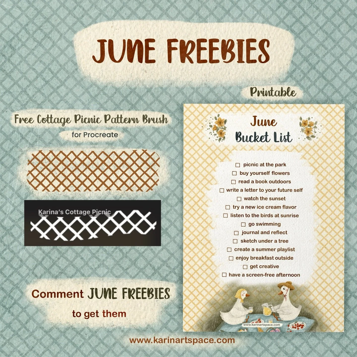 🧺 Hi friends! I&rsquo;m delighted to share with you June Freebies 💝 

🌿 June Bucket List Printable - print it out, stick it on your wall, your desk or even your fridge &mdash; and let it inspire your summer days ☀️
🌿 Cottage Picnic Pattern Brush 