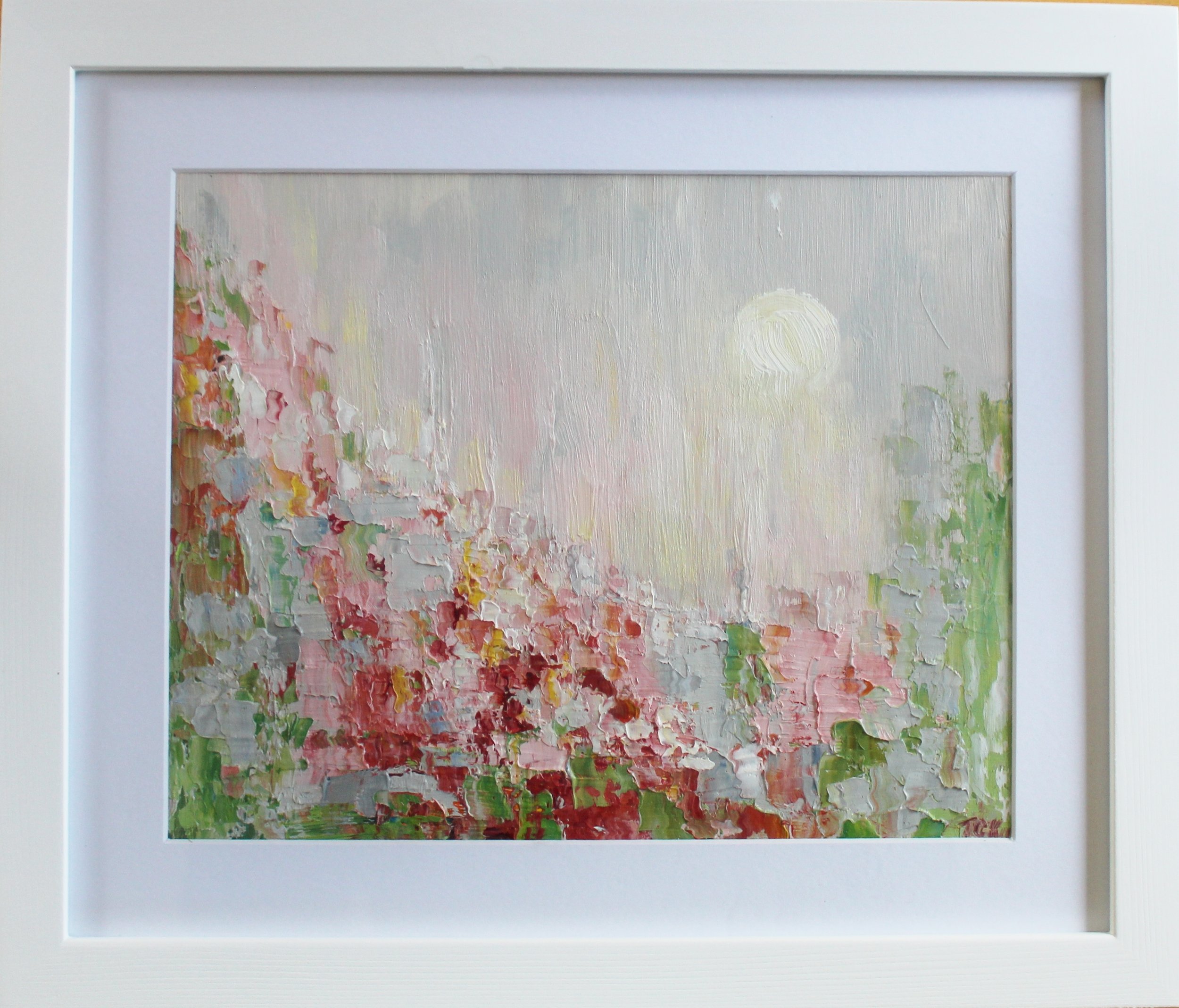 Late in the evening oil painting framed in a white wood glass frame  33cm+29cm price 195 euro.jpg