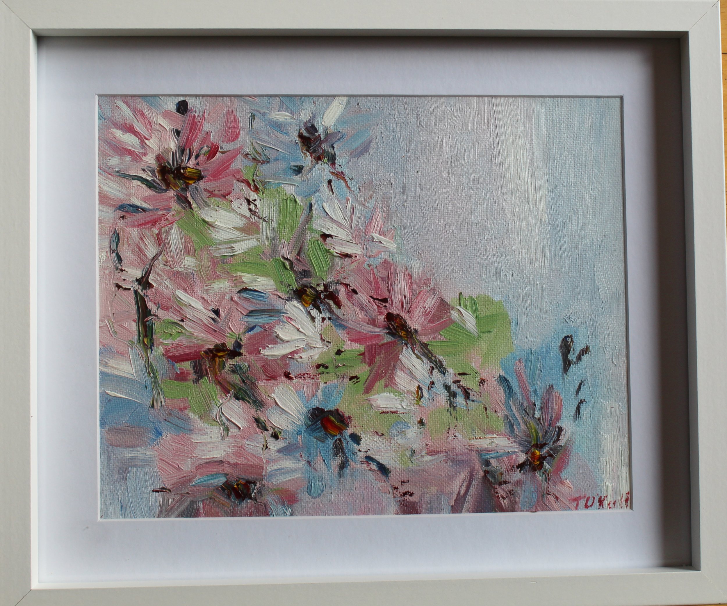 Abstract Floral oil painting framed in white wood glass frame 33cm+29cm price 195 euor.jpg