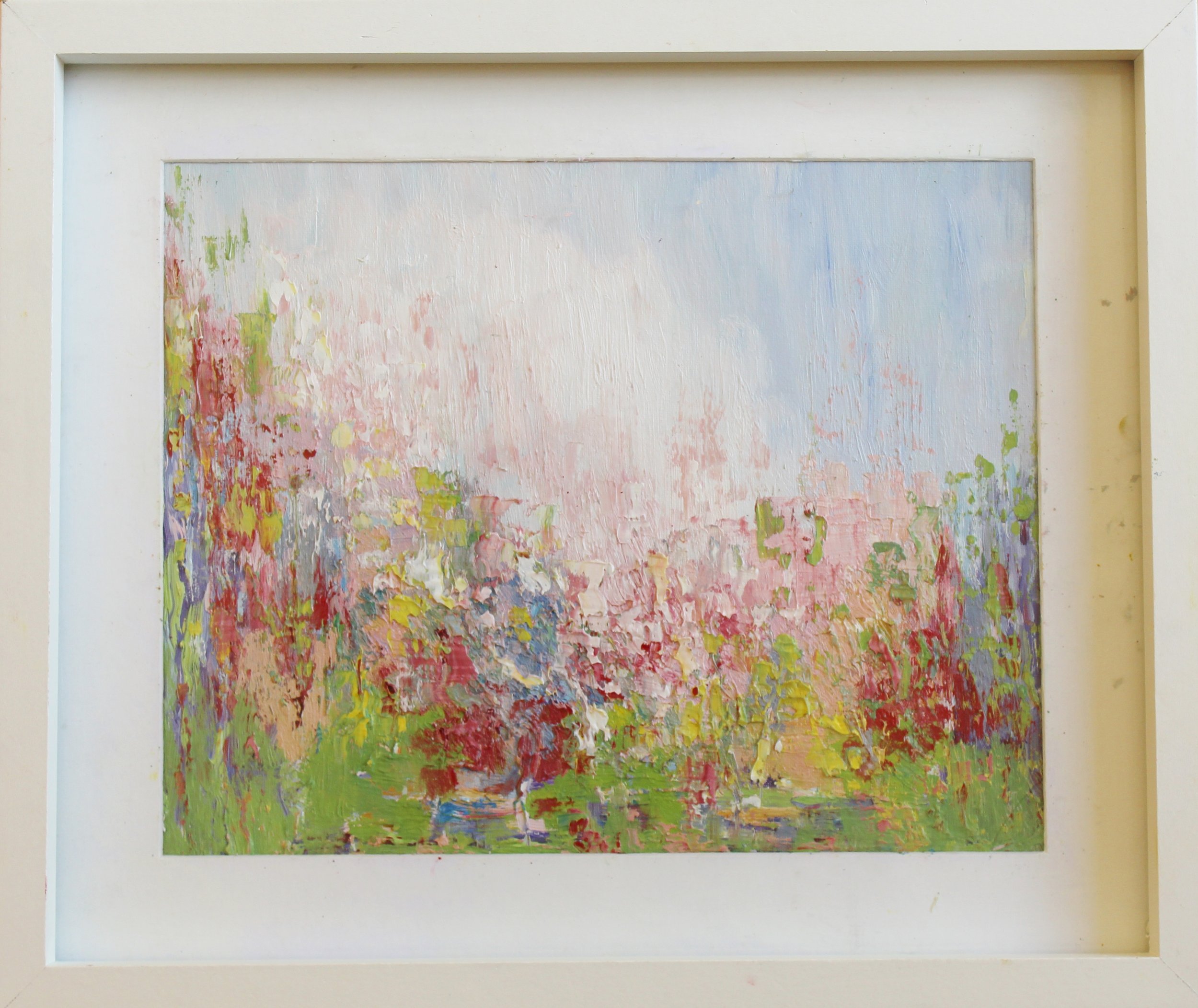 Pink Garden oil painting framed in a white wood glass frame measuring 33cm+29cm price 195 euro.jpg