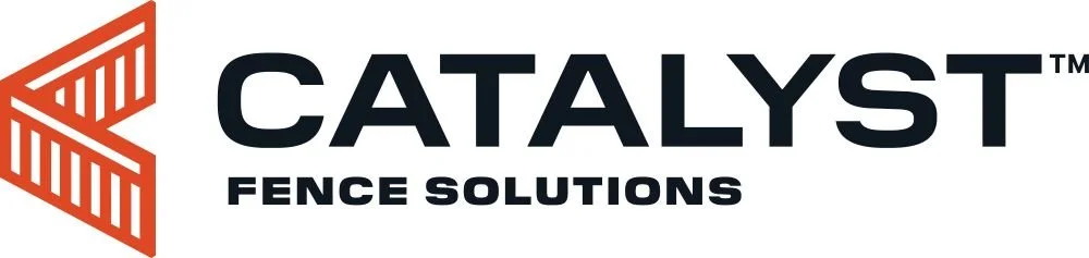 Logo for Catalyst Fence Solutions featuring a stylized orange fence graphic and black text.