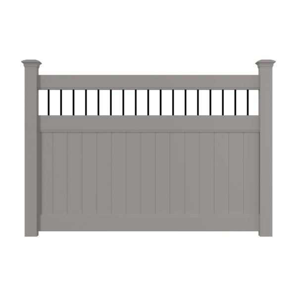 Digital illustration of a gray wooden fence with black and white horizontal slats on top.