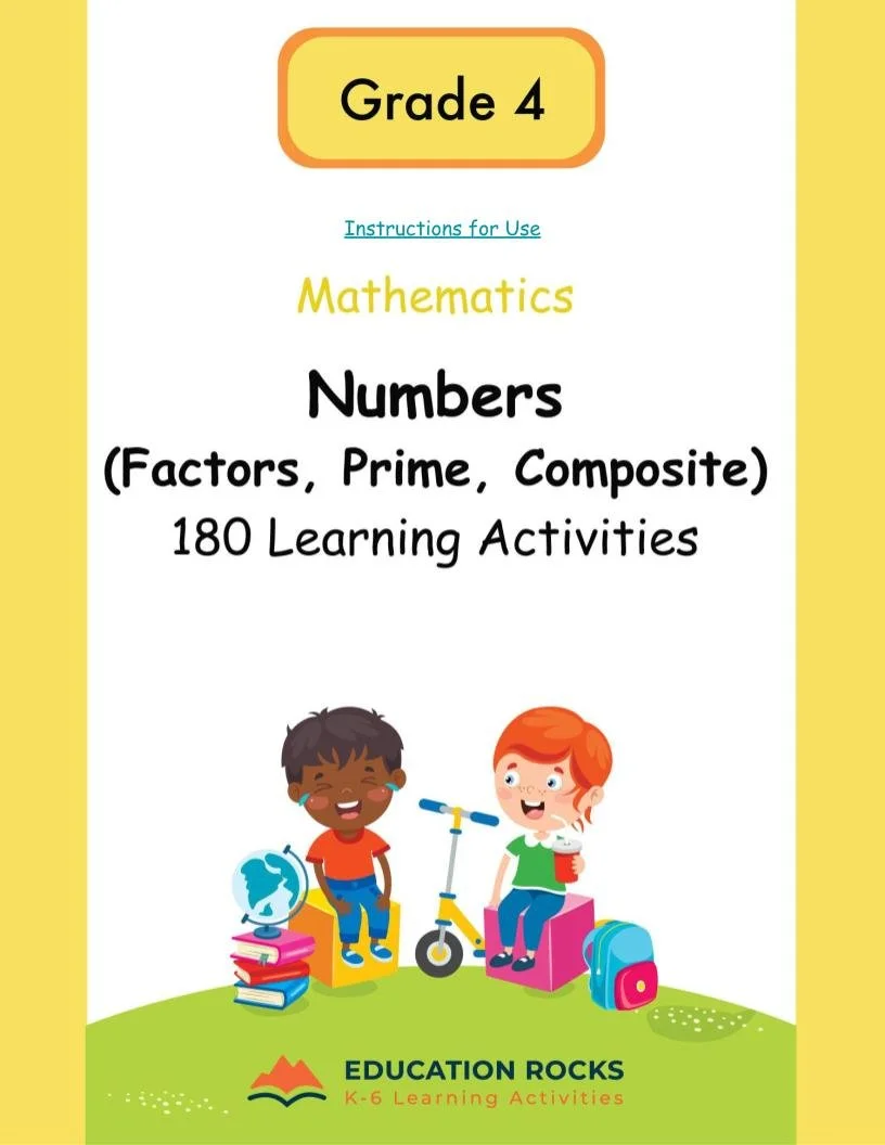 4th Grade MATH Worksheets-Prime + Composite Numbers-180 Activities-FREE