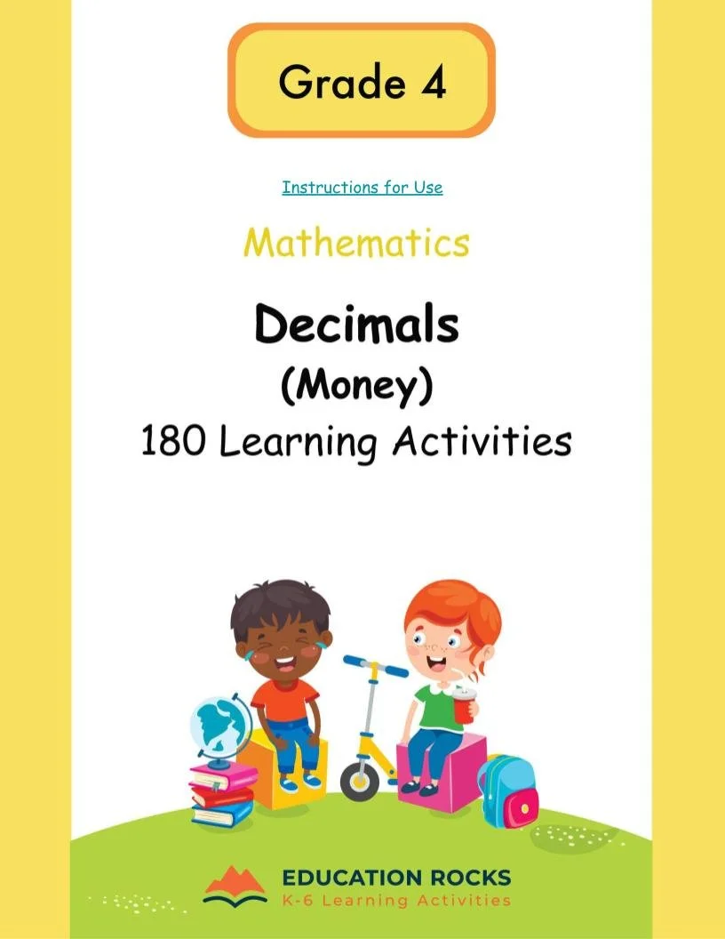 4th Grade MATH Worksheets-Decimals (Money)-180 Learning Activities-FREE