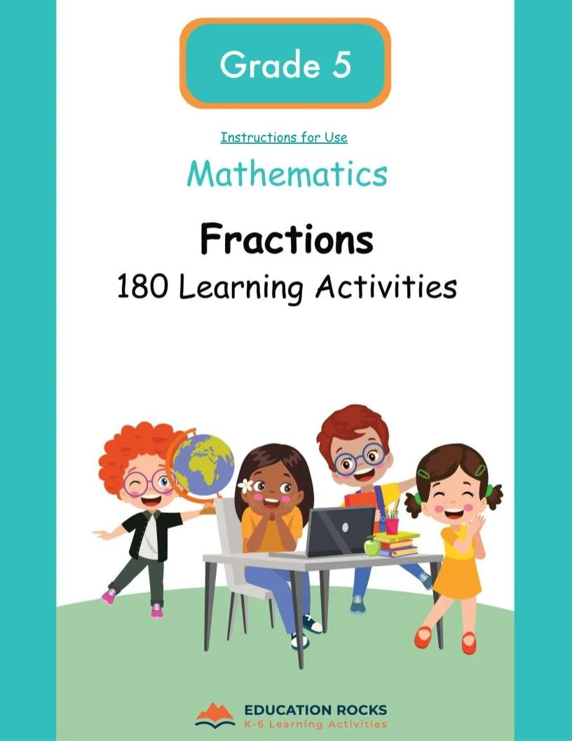 5th Grade MATH Worksheets-Proper + Improper Fractions-180 Activities-FREE