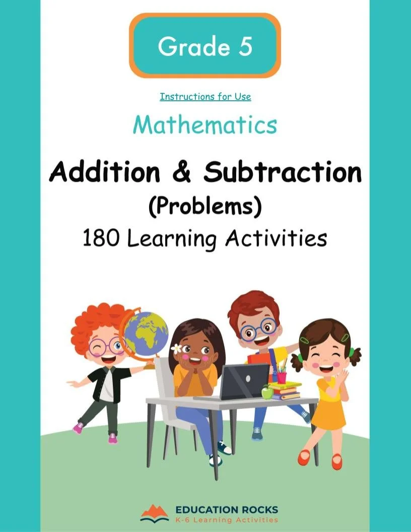 5th MATH Worksheets-Addition+Subtraction Word Problems-180 Activities-FREE