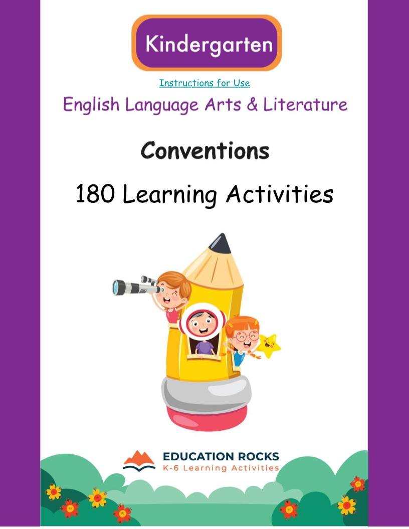 Kindergarten ELA Worksheets-Grammar + Conventions-180 Learning Activities-FREE