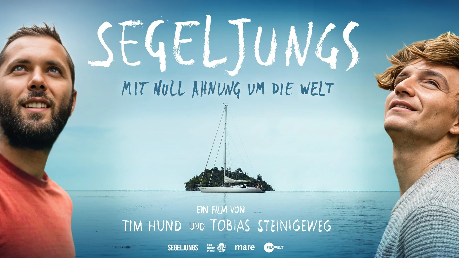 Poster for a film titled 'SegelTINGS', featuring two smiling men looking upward, with a sailboat on calm water and a small island in the background.