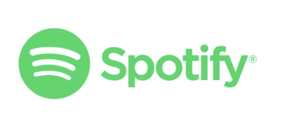 Spotify logo with green circle and white sound waves, and the word 'Spotify' in green text.