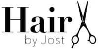 Logo for 'Hair by Jost' featuring text and a pair of scissors