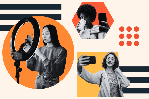 Three different women with various color shapes behind them posing for content creation