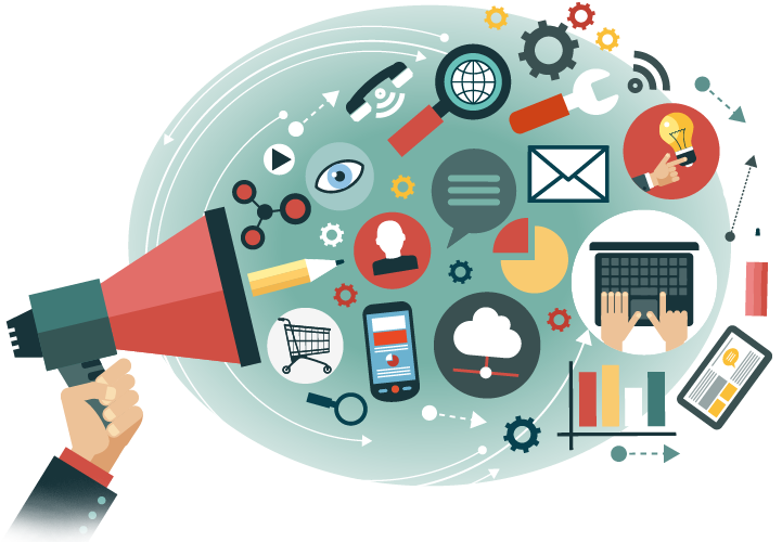 An animated megaphone in a person's hand with a green circle background, with various advertising icons floating out of it.