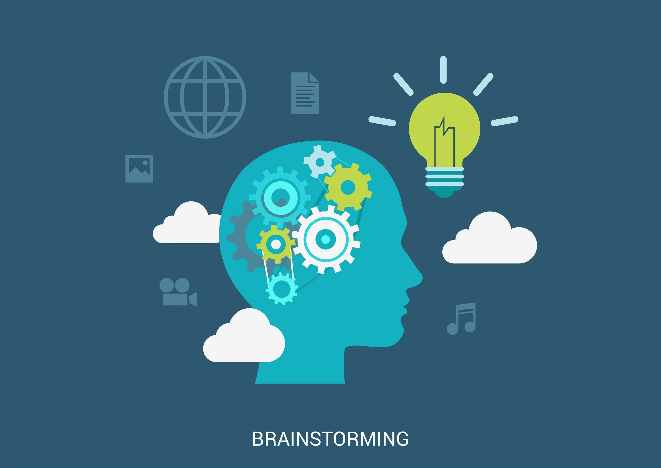 Brainstorming Stock Image of a silhouette's head with mechanisms, a lightbulb, some clouds, and other icons.