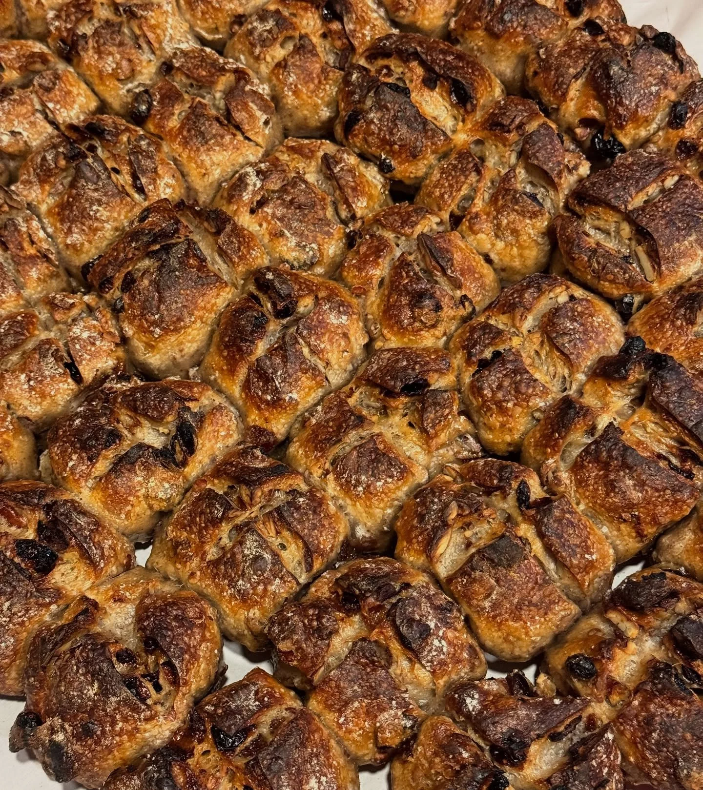 Hot Cross Buns ! Available from this Saturday in store or for online pre order starting Tuesday April 8th 💛

Made with organic cranberries, organic raisins and organic pecans from Richmond Hill Pecan Orchard 💛
@richmondhillpecans