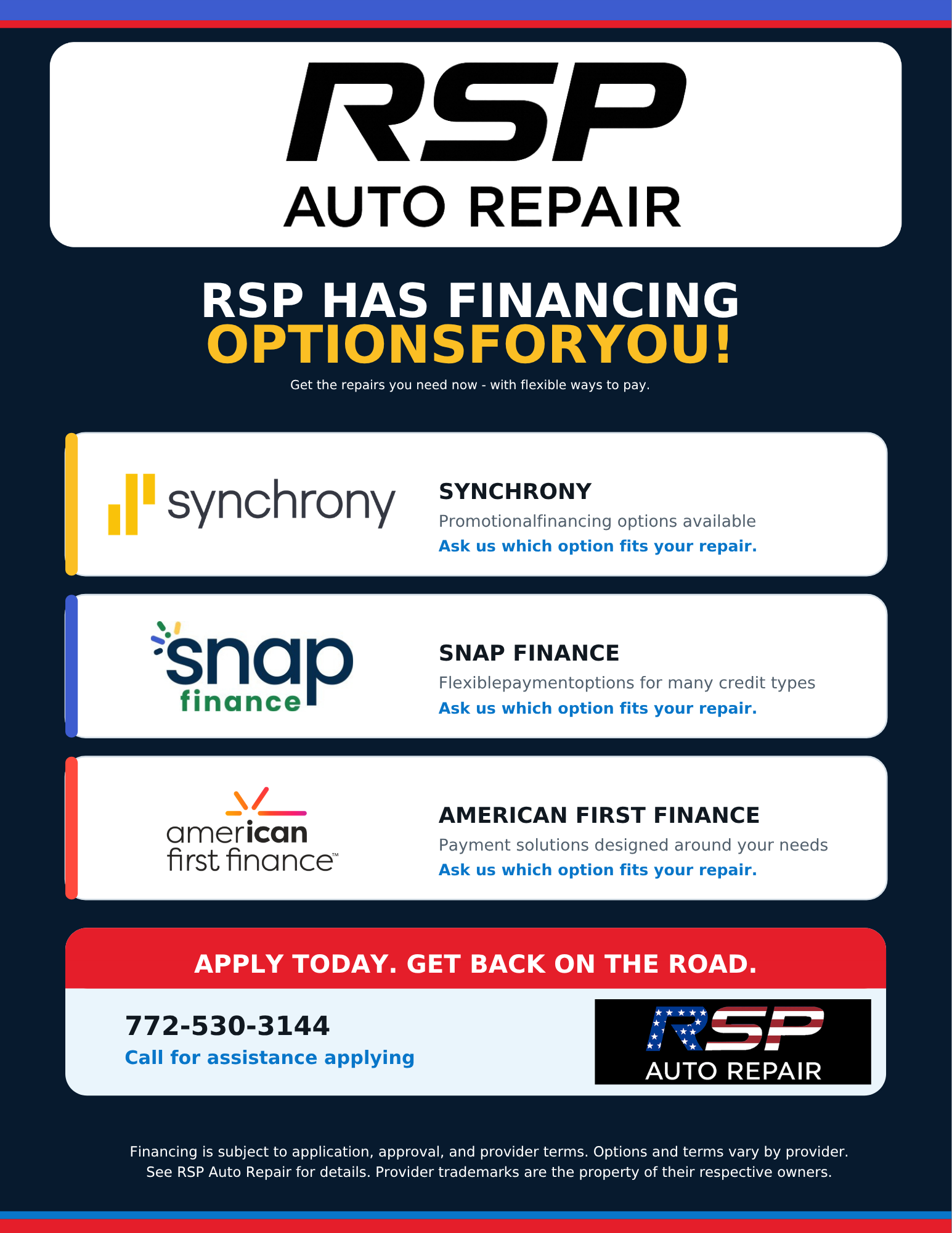 RSP Auto Repair financing options flyer with phone number 772-530-3144 for assistance applying