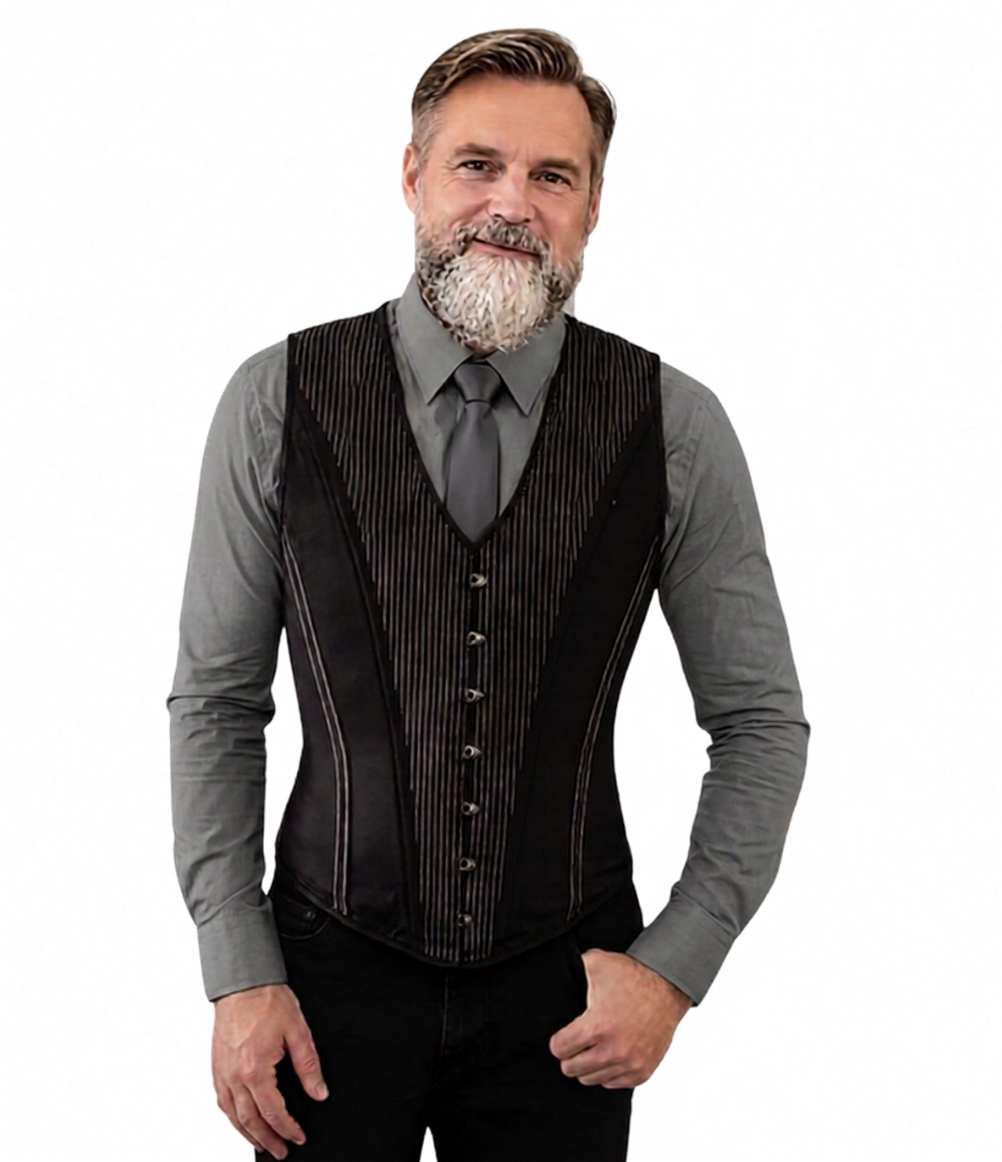 Men's Corset Vest Pinstripe, Black Satin