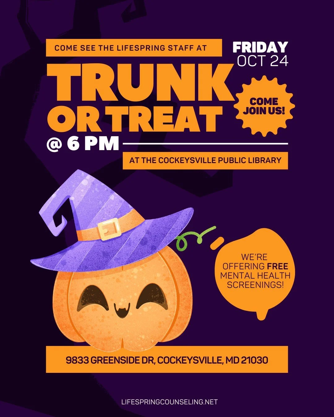 Come out and join us tomorrow at the Cockeysville Public Library! 🎃🍬

The LifeSpring staff will be all dressed up and ready to see everyone!

We will also be offering FREE mental health screenings at our table! #MentalHealthMatters

See you there! 