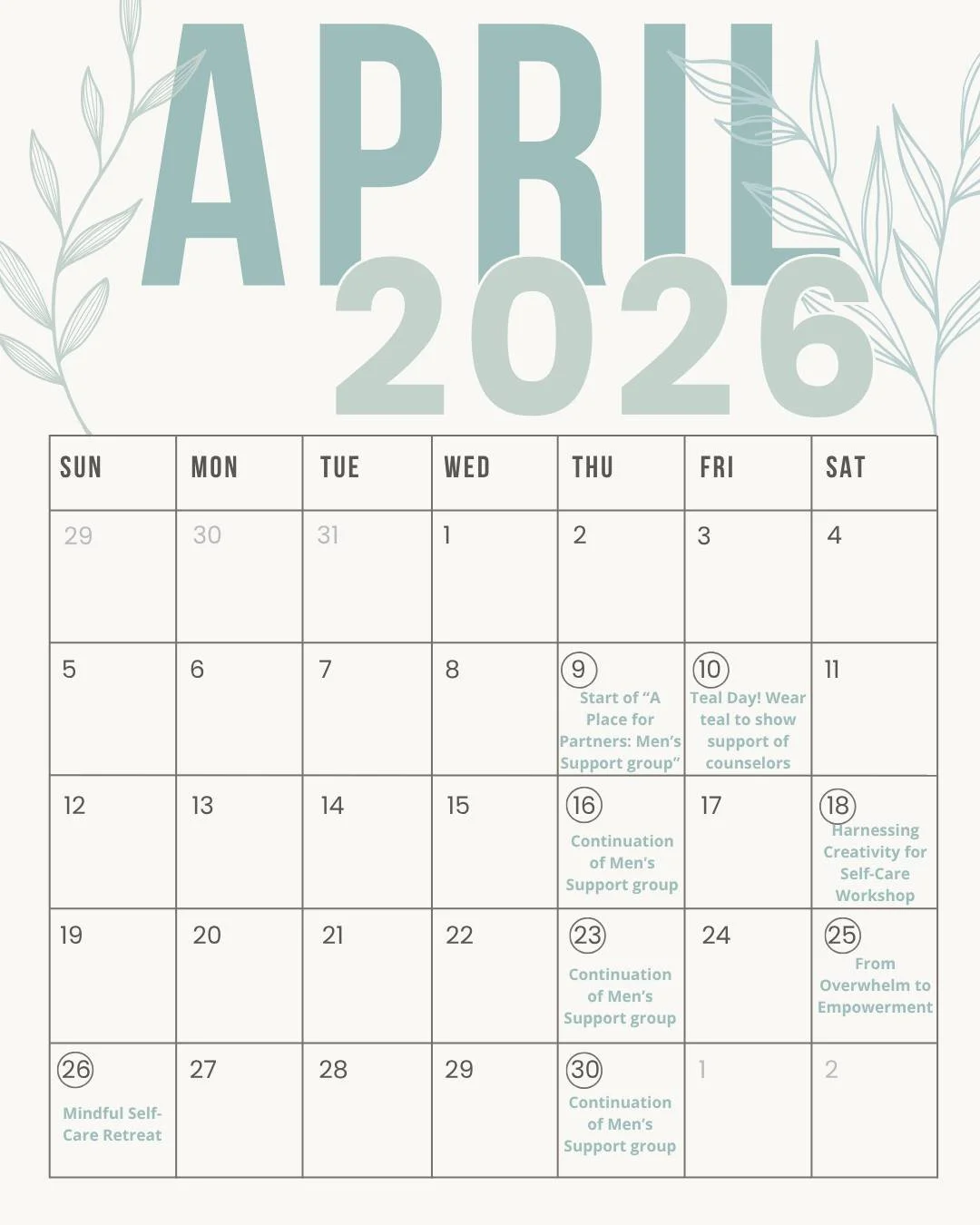 See what's coming up at LifeSpring for Counseling Awareness Month!

This month, we're excited to be offering 4 in-person opportunities for those in the Baltimore area who are looking to take advantage of some time focusing on self-care, mindfulness, 