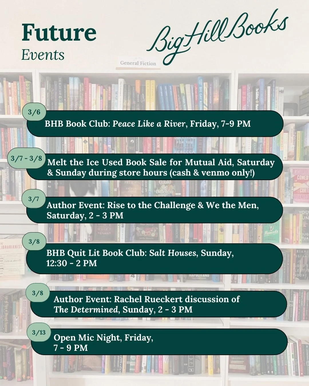 Spring has almost sprung - and we've got all kinds of events coming up! Will we be seeing you in the shop soon?

#BookstoreEvents #MPLSEvents #MutualAidEvents #BigHillBooks #ReadThinkGrow #SupportIndie #SupportLocal