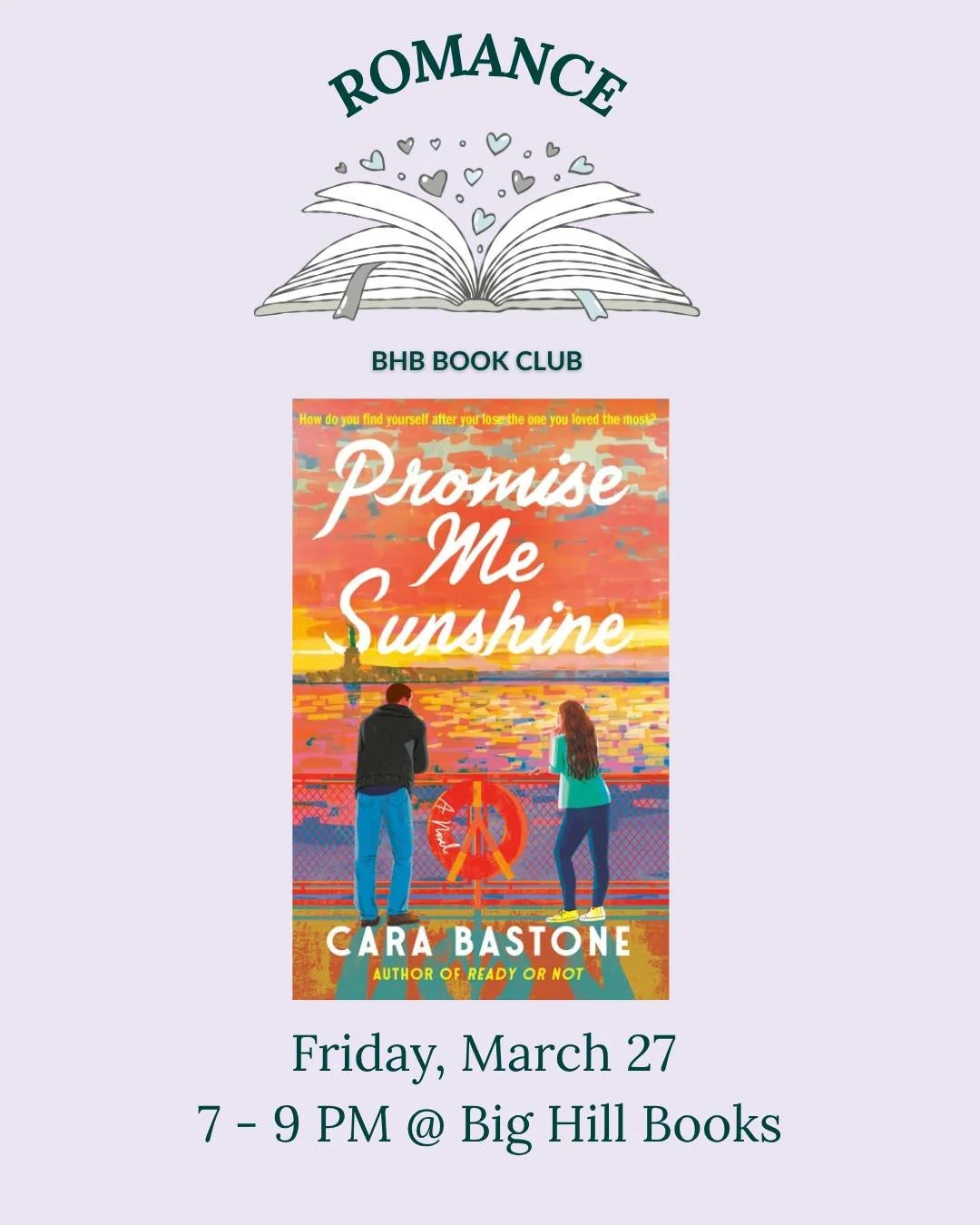 We've got a book club double feature on Friday! Romance book club will meet from 7 - 9 pm to discuss "Promise Me Sunshine" by Cara Bastone. Light snacks and drinks provided. 

#BookClub #RomanceBookClub #TwinCitiesBookClub #BigHillBooks #Pr