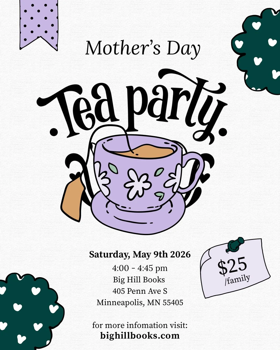We&rsquo;re having a tea party and you&rsquo;re invited! In honor of Mother&rsquo;s Day, local author Abby Cooper will be reading from her new picture book &ldquo;It&rsquo;s a Mom!&rdquo; while tea and treats are served. Reservations are required and