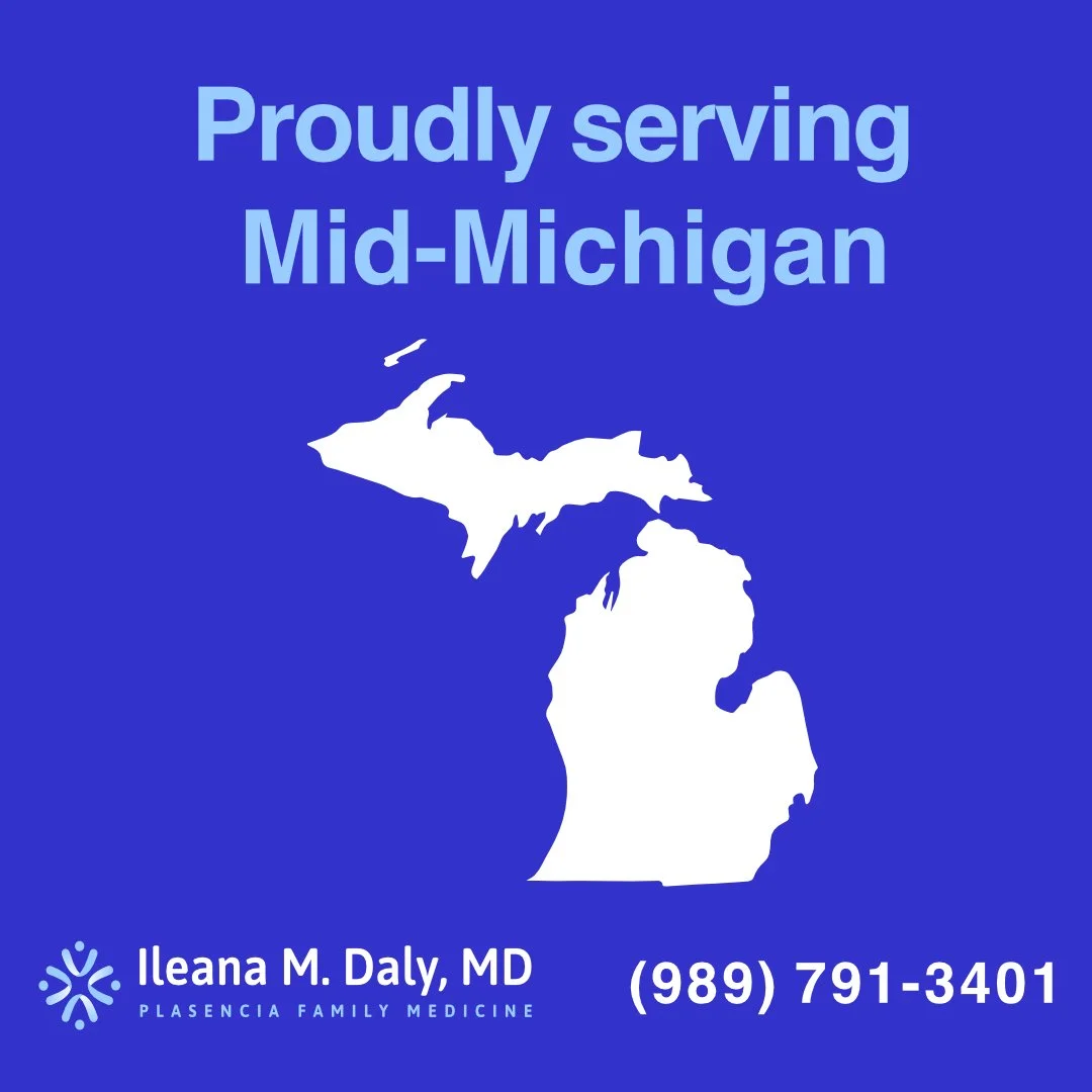 A blue advertisement for Mid-Michigan healthcare services from Ileana M. Daly, MD. Features a white outline map of Michigan, prominently displaying the mitten-shaped part of Michigan, with contact information including a phone number.