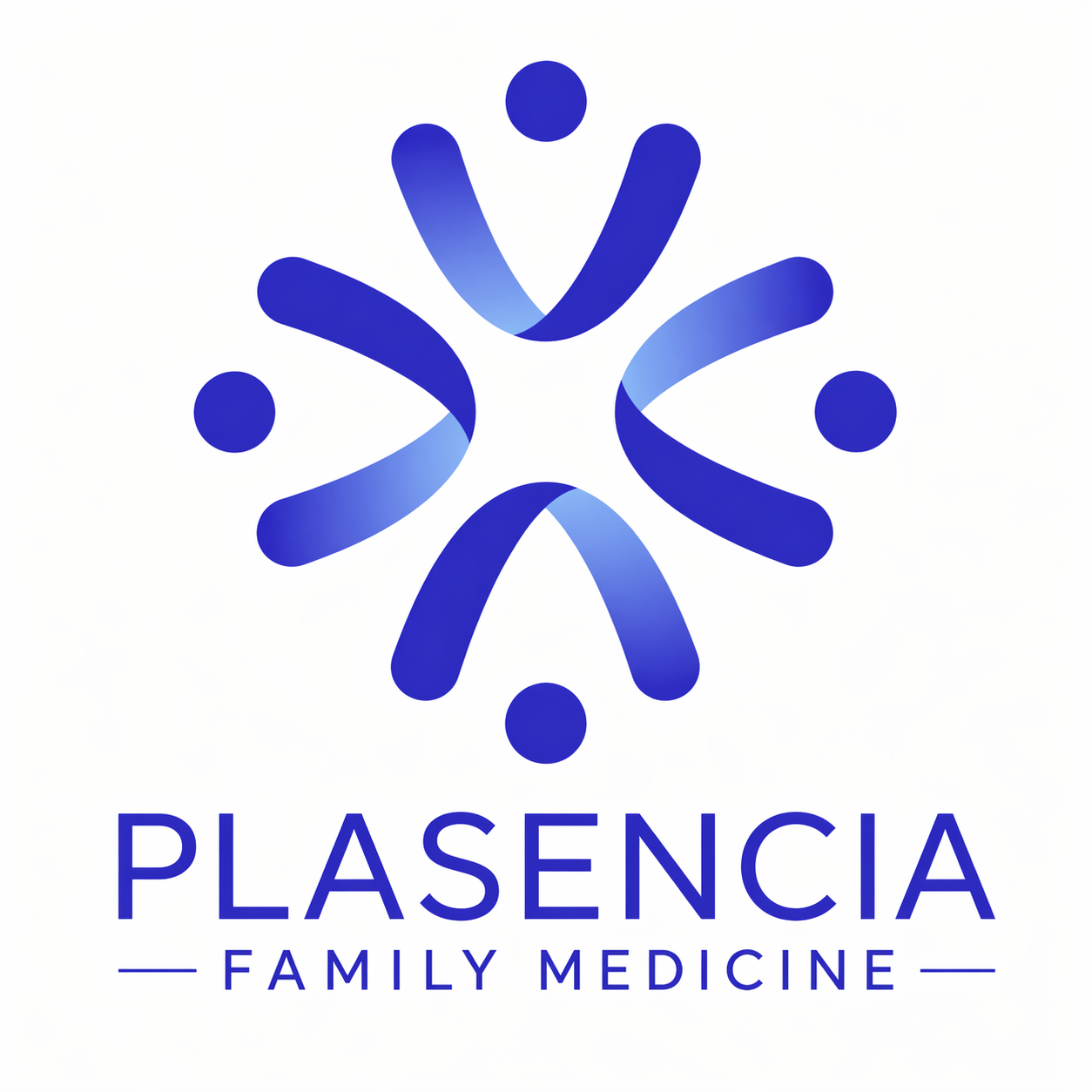 Logo for Plasencia Family Medicine featuring stylized abstract figures in a circular pattern in shades of blue, with the text "PLASENCIA FAMILY MEDICINE" beneath.