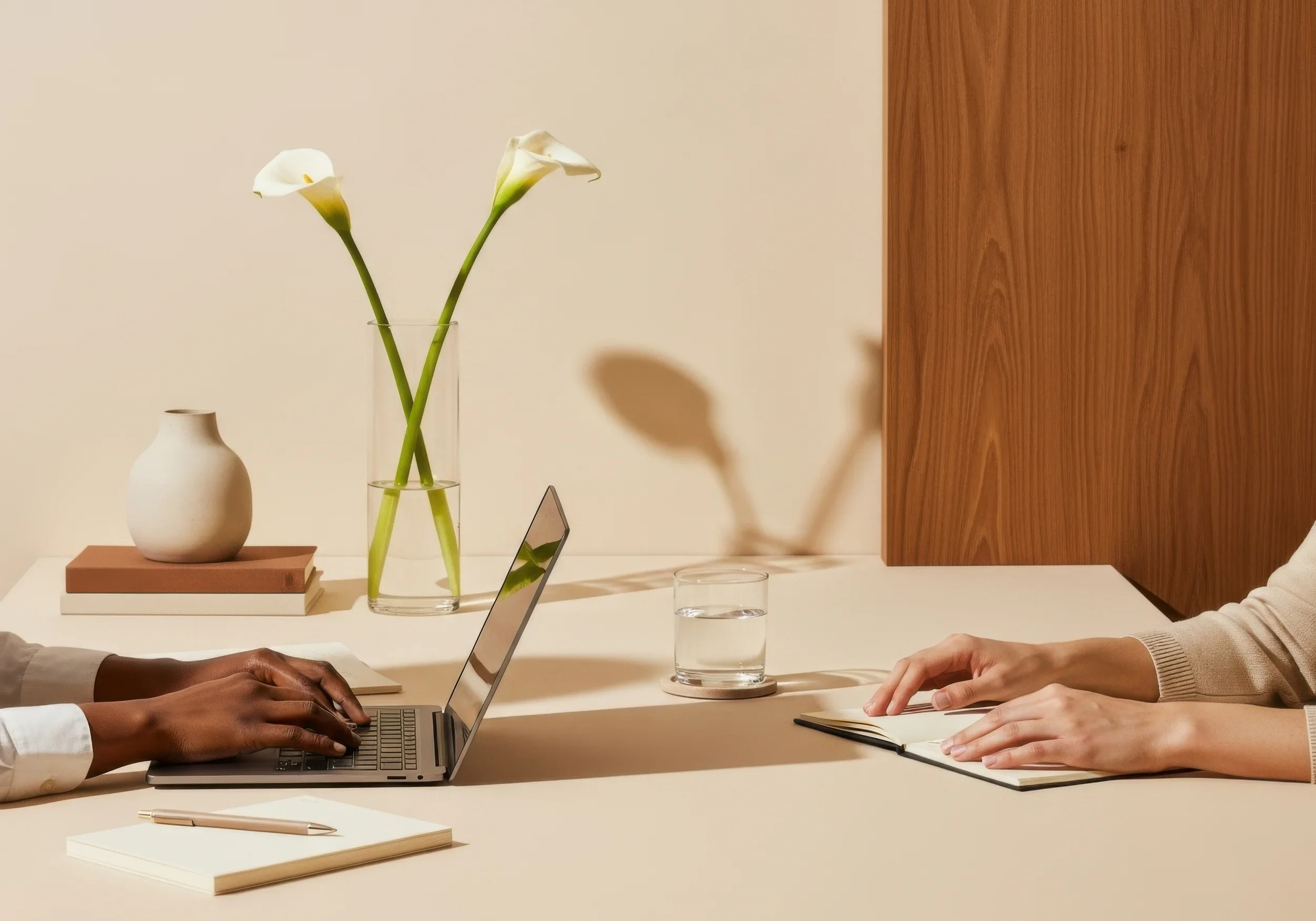 Two people are sitting at a table; one is typing on a laptop, and the other is writing in a notebook. There is a glass of water, a mirror, and a vase with two white calla lilies on the table.