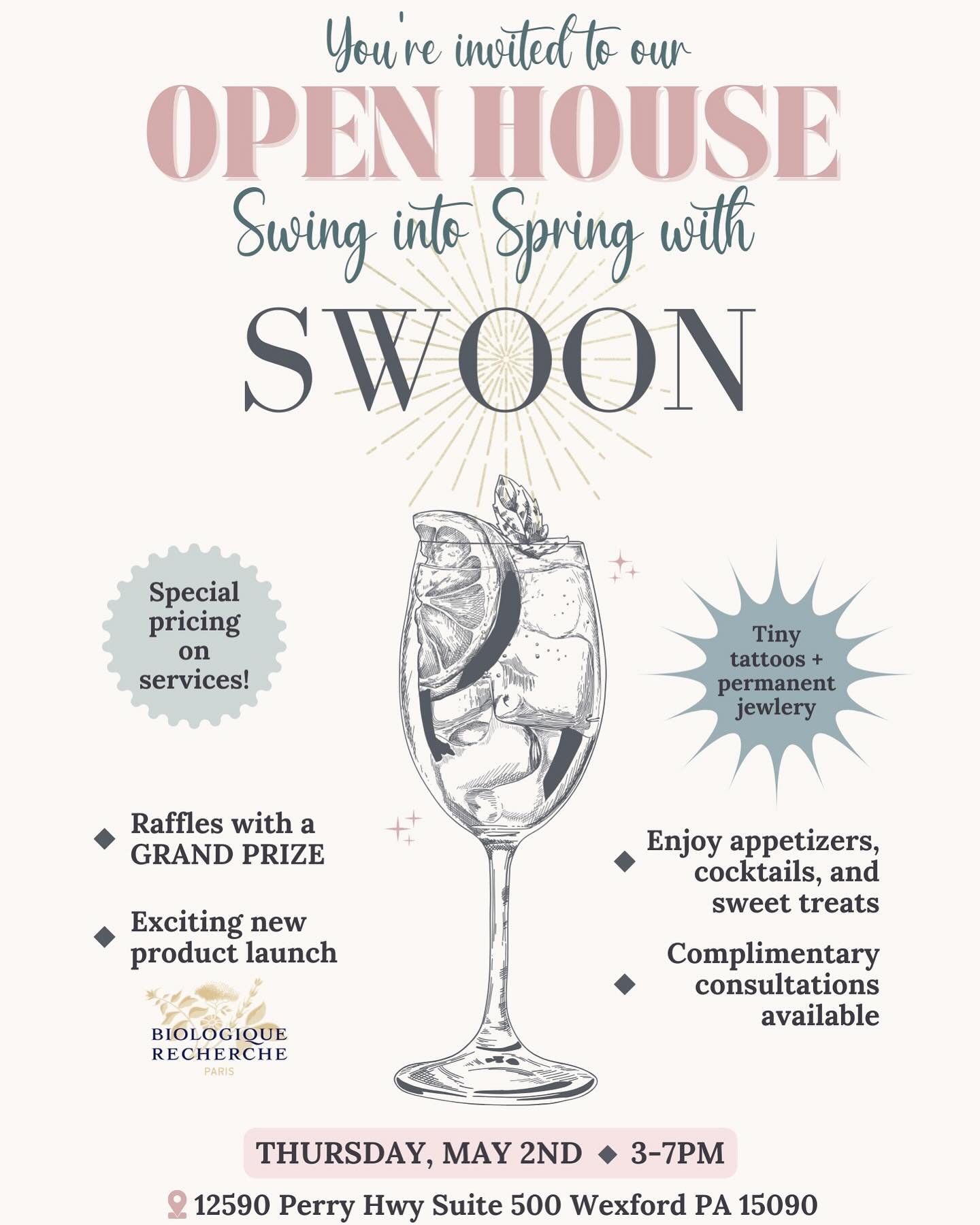 We would love to invite you to our Spring Fling, an Open House on Thursday, May 2nd from 3-7pm! 🌸

Stop by for amazing offers on Botox, fillers, Emsculpt Neo, special pricing on our facial services, and receive a complimentary skin analysis!

Enjoy 