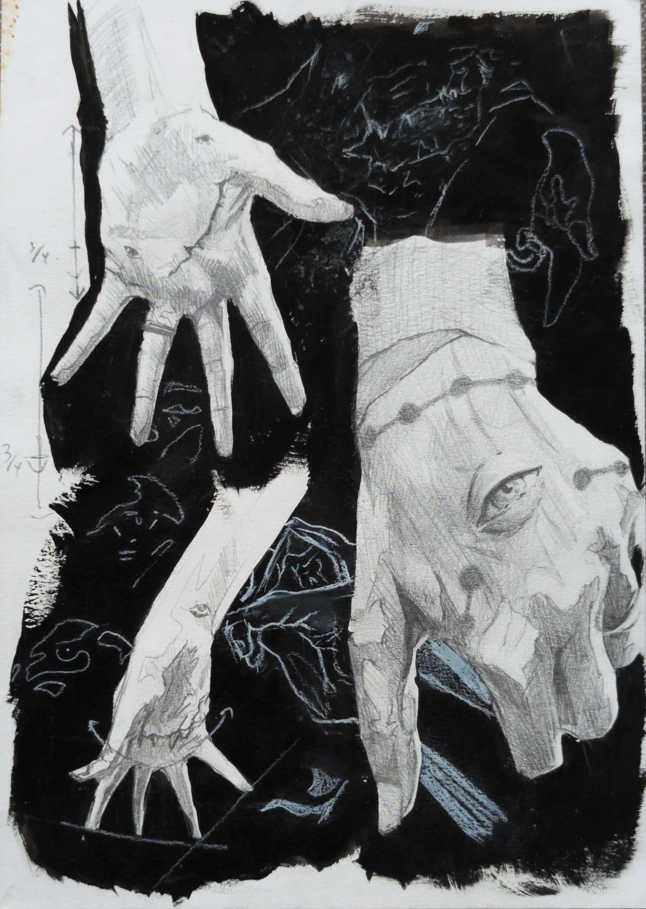 occult hand, 5.75x8.25" graphite and ink on cartridge