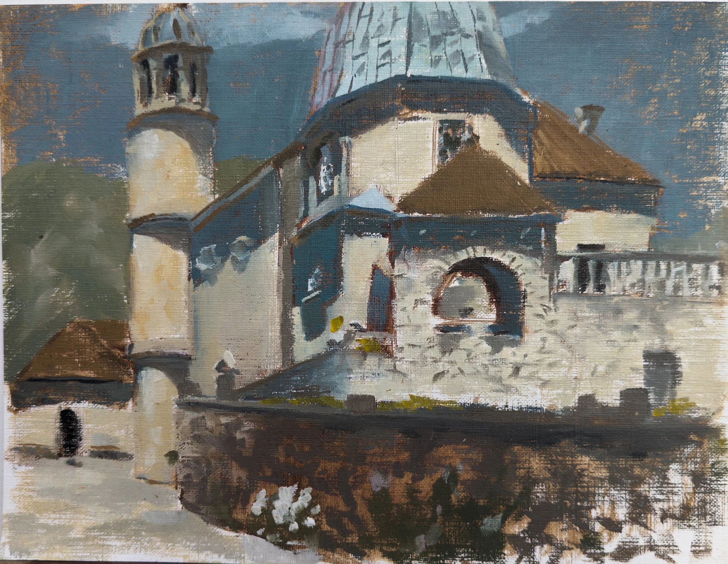 Church of Our Lady, Perast, Montenegro. 9.75x7.5", oil on canvas paper. Available