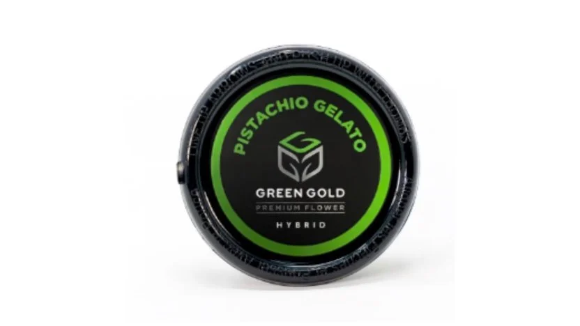 A container of Pistachio Gelato hybrid cannabis flower from Green Gold