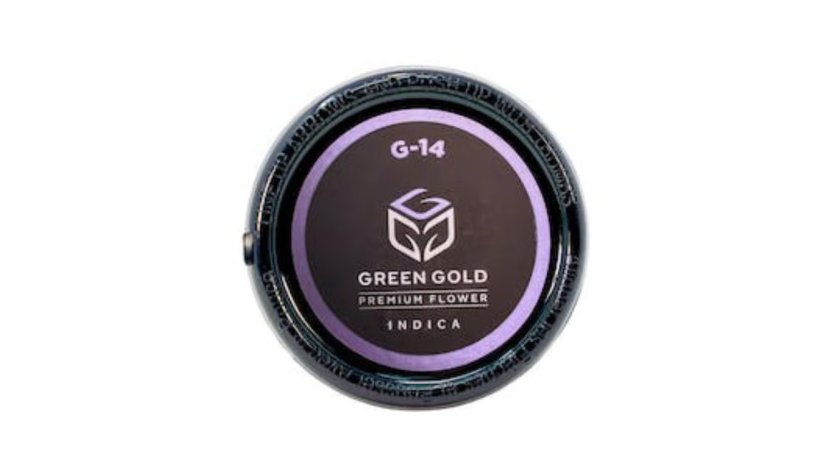 A contianer of G-14 indica cannabis flower from Green Gold