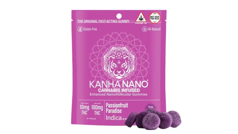 Indica Kanha Nano Cannabis infused molecular gummies in passionfruit paradise flavor