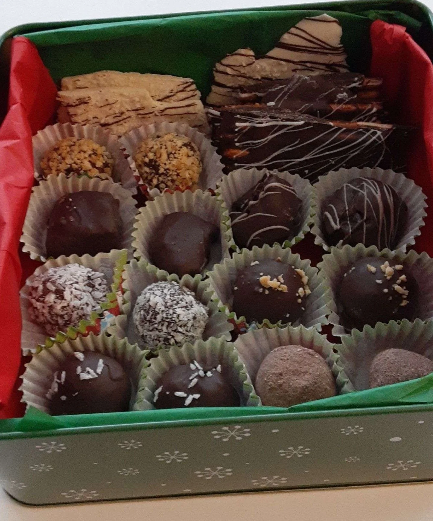 Assorted chocolates and truffles in a festive box