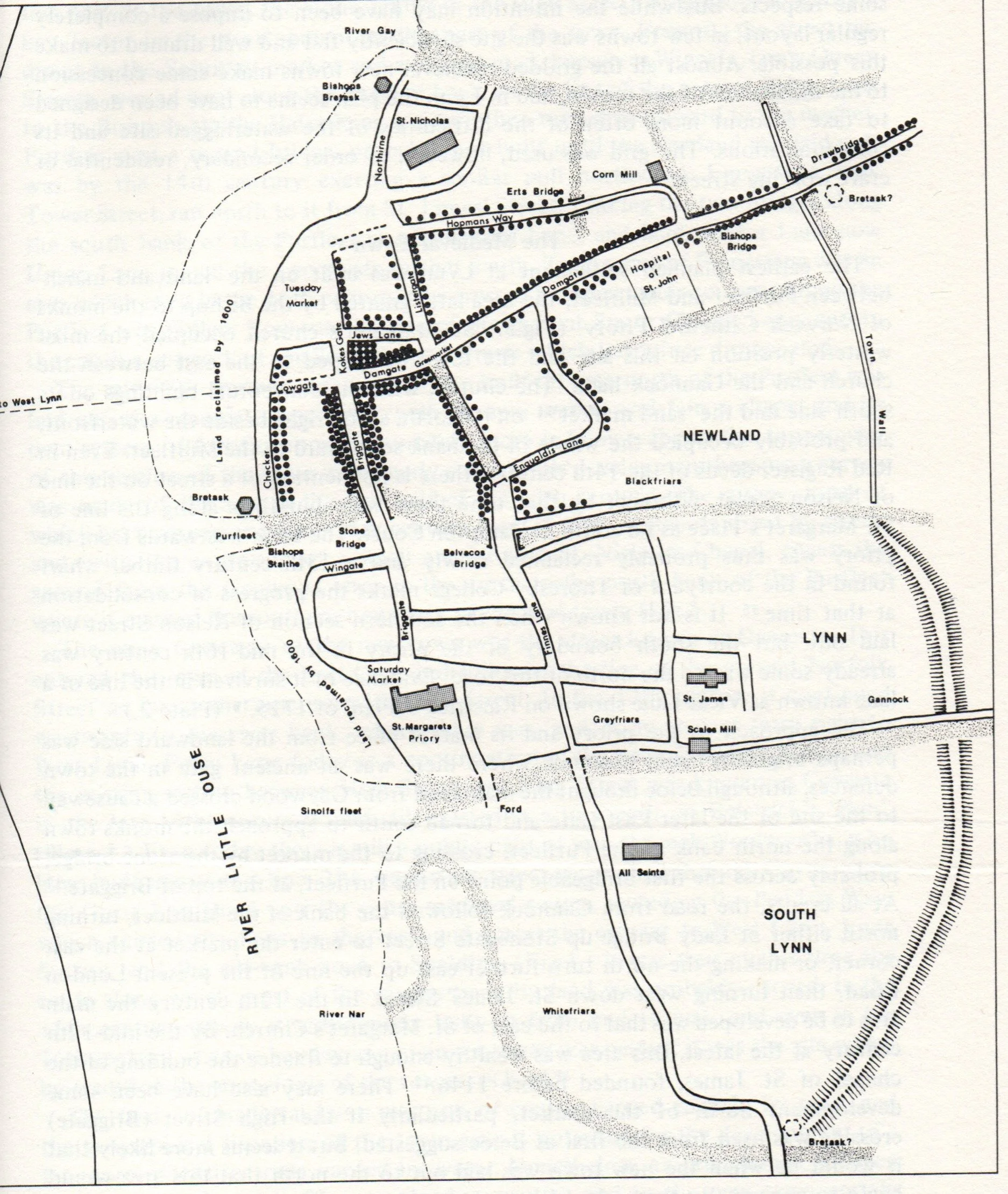 A historical map of a King's Lynn with the Newland, Lynn, and South Lynn, showing streets, landmarks, bridges, markets, and notable buildings like churches and schools, along with the River Gay and Little Ouse.