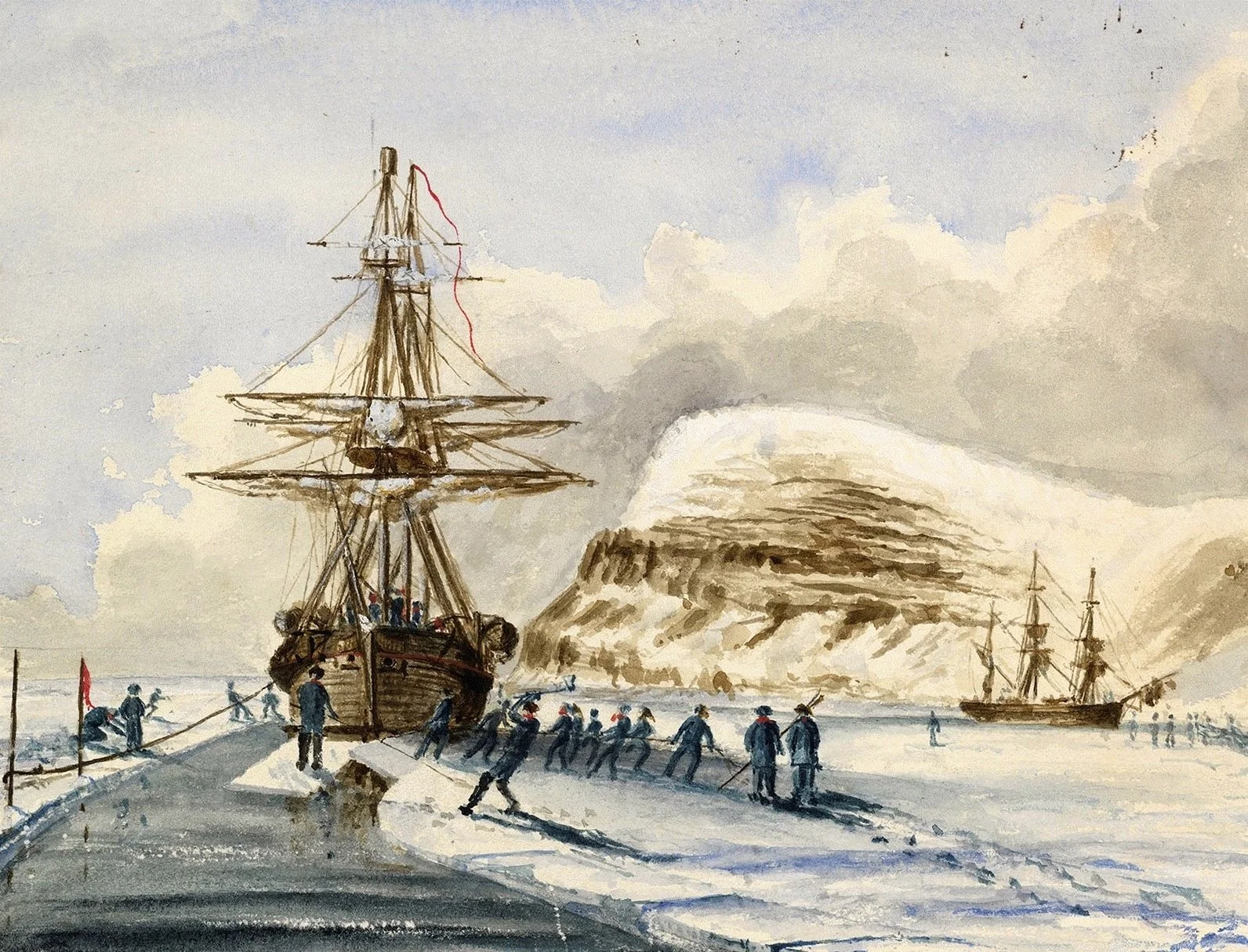 A watercolor painting of sailors working on a ship docked at icy waters, with another ship sailing in the distance and snow-covered mountains in the background.