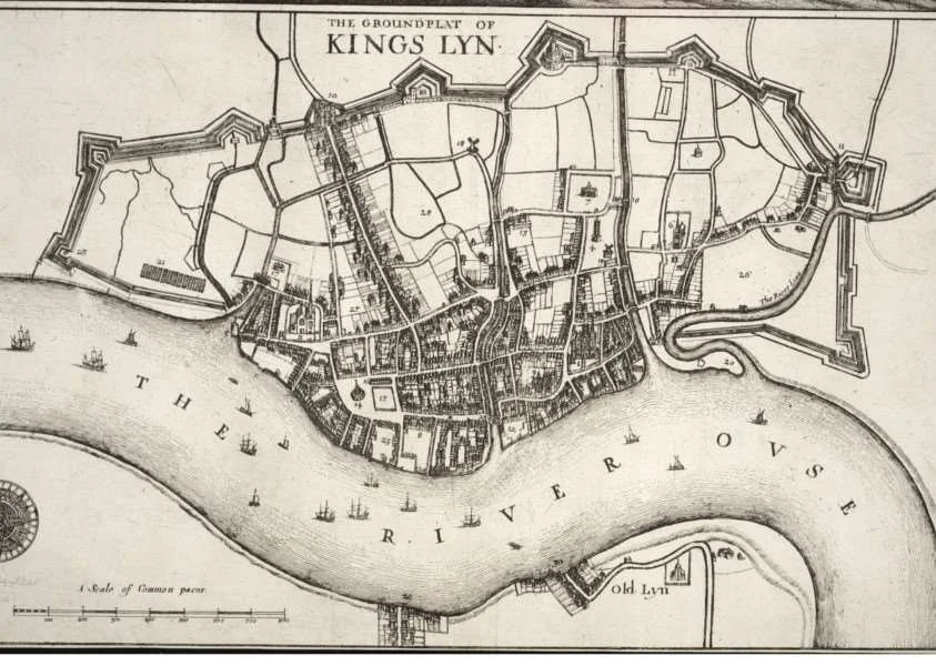 Historical map of Kings Lynn showing the layout of the town, river contours, and city fortifications.