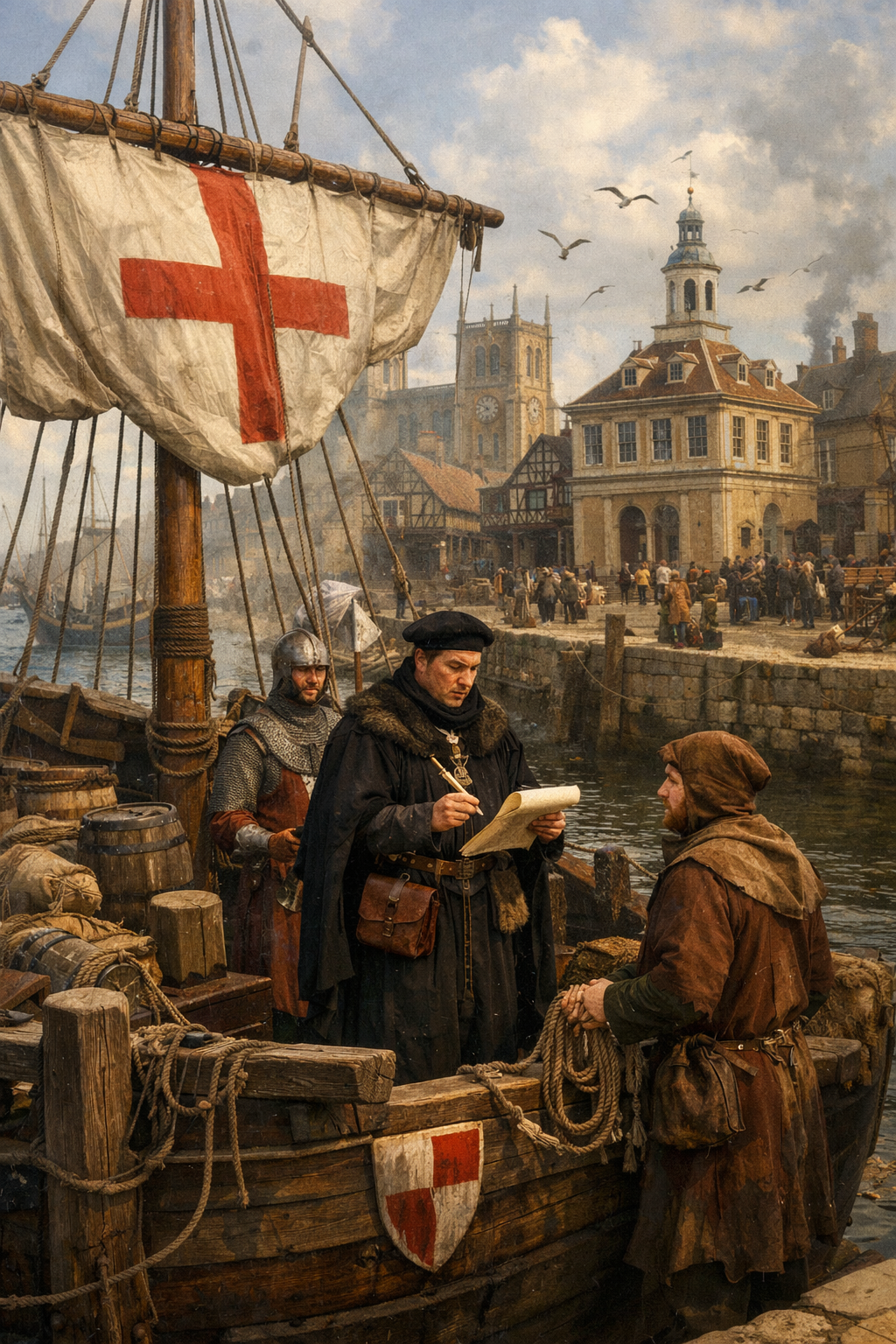 Historical scene at a busy harbor with a ship that has a white sail with a red cross, a man in black attire taking notes, another man in brown, and a medieval town with clock towers and a crowd in the background.