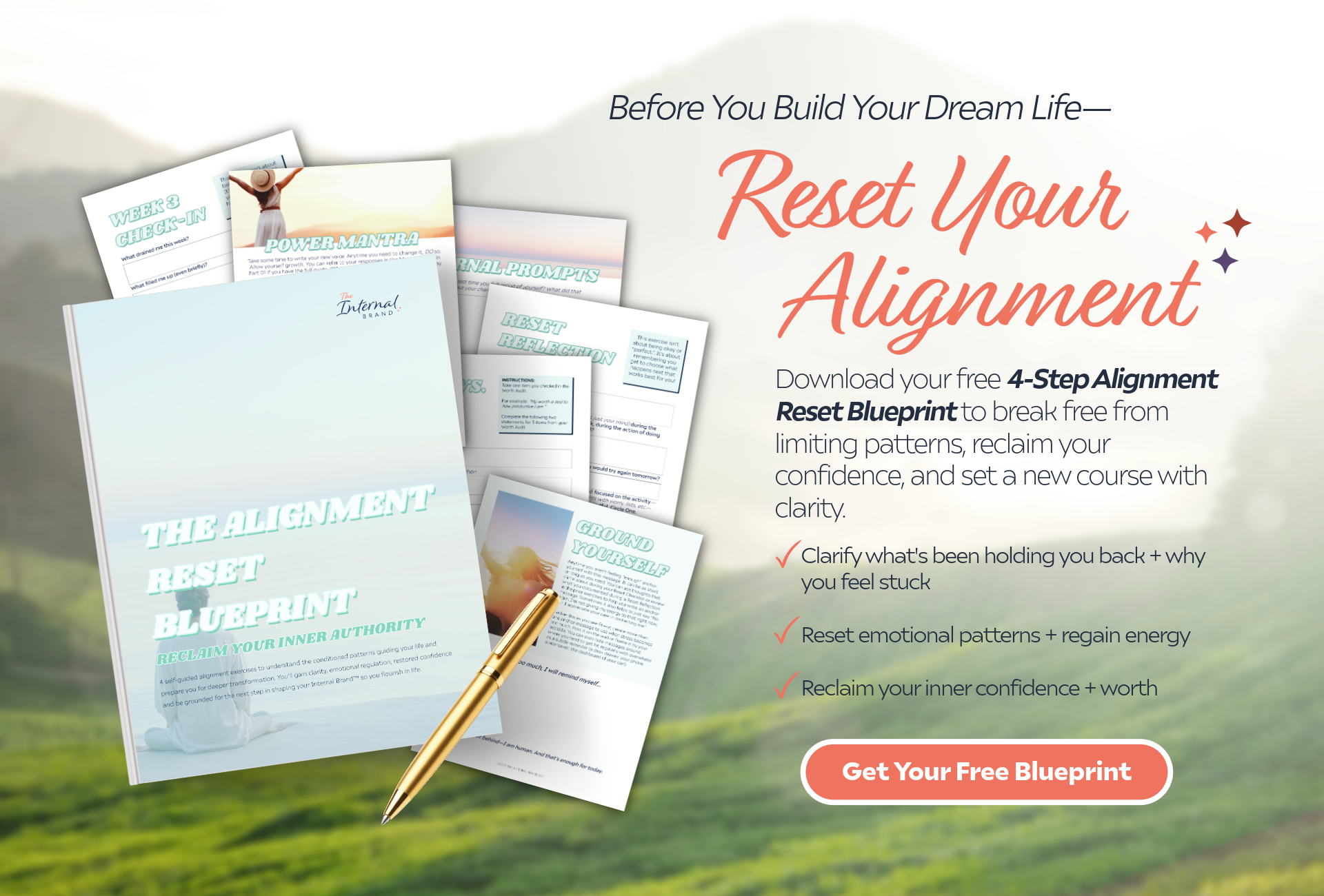 Advertisement for a free 4-step Alignment Reset Blueprint with images of booklets, a gold pen, and a scenic outdoor background.