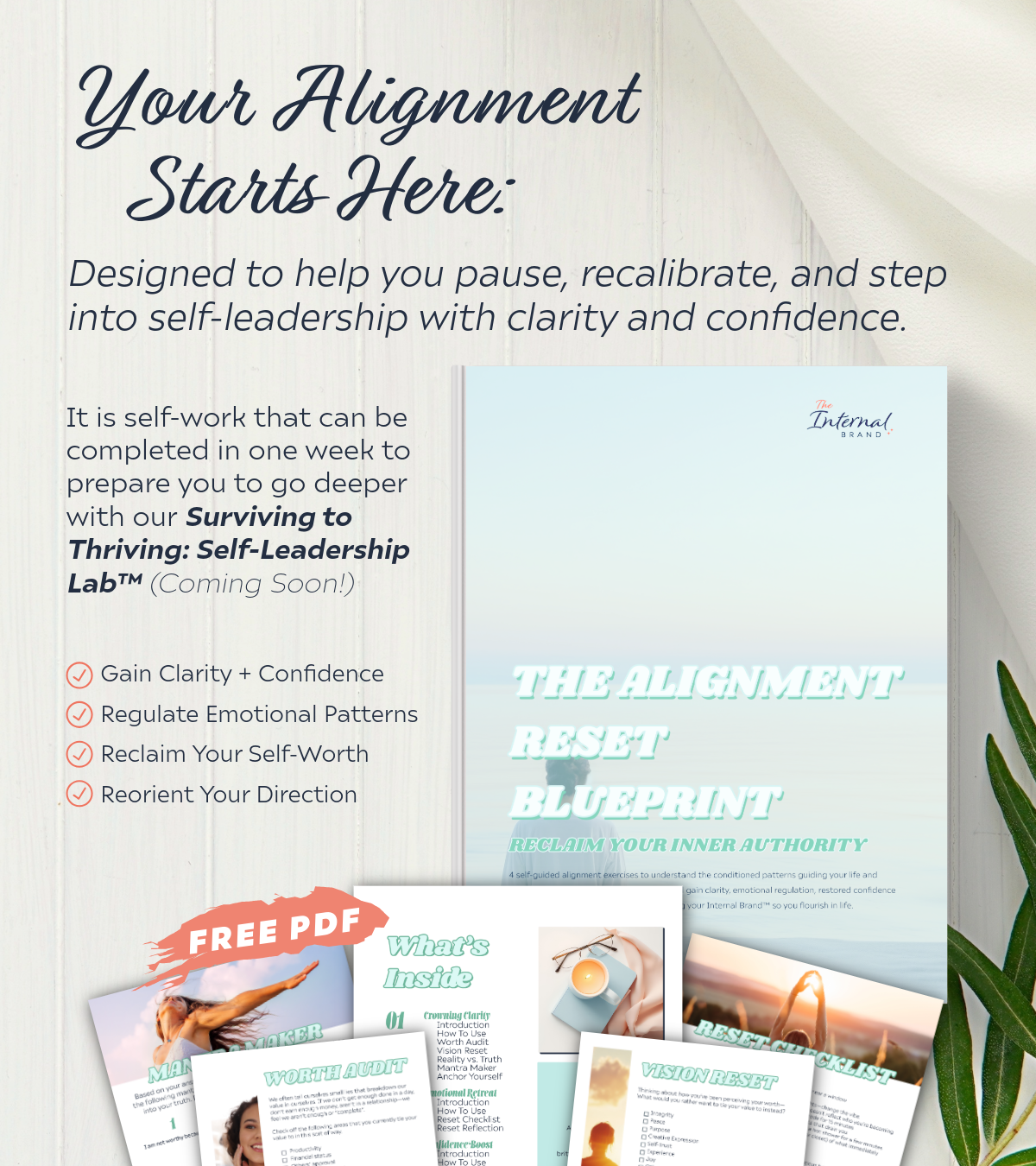 Promotional flyer for a self-leadership lab titled 'The Internal Brand.' Features a book cover, list of benefits, and a free PDF sample with exercises for self-improvement.