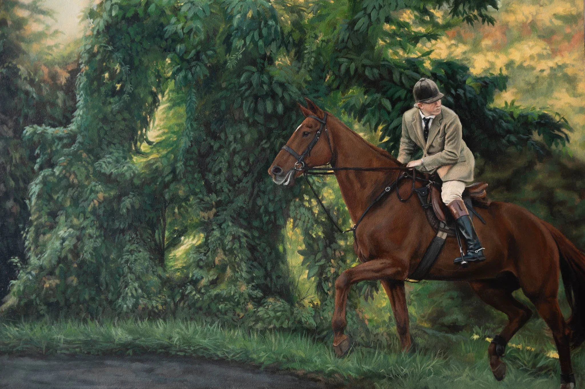 "Trot this Way" by Liz Chomicki (Piedmont Foxhounds Whipper-in Johnny Dean aboard Renny), 24 x 36 inches, Oil on wood panel - $6,600