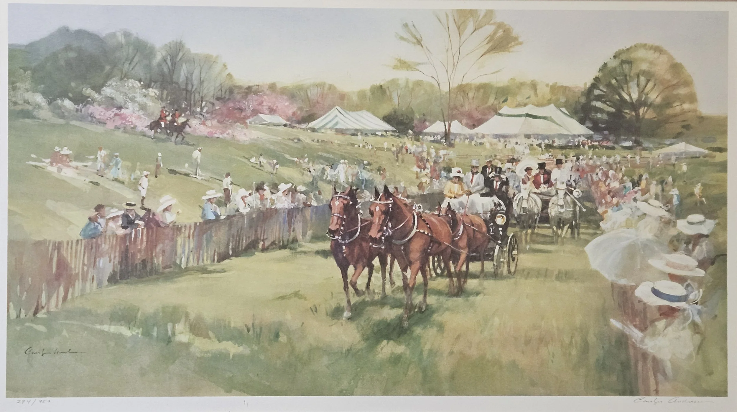 "Carriage Parade at Winterthur Point to Point" by Carolyn Anderson, 14 by 26 inches, signed lithograph number 274 of 750 - $100
(Comes framed and matted - framed size 24 by 35 inches)