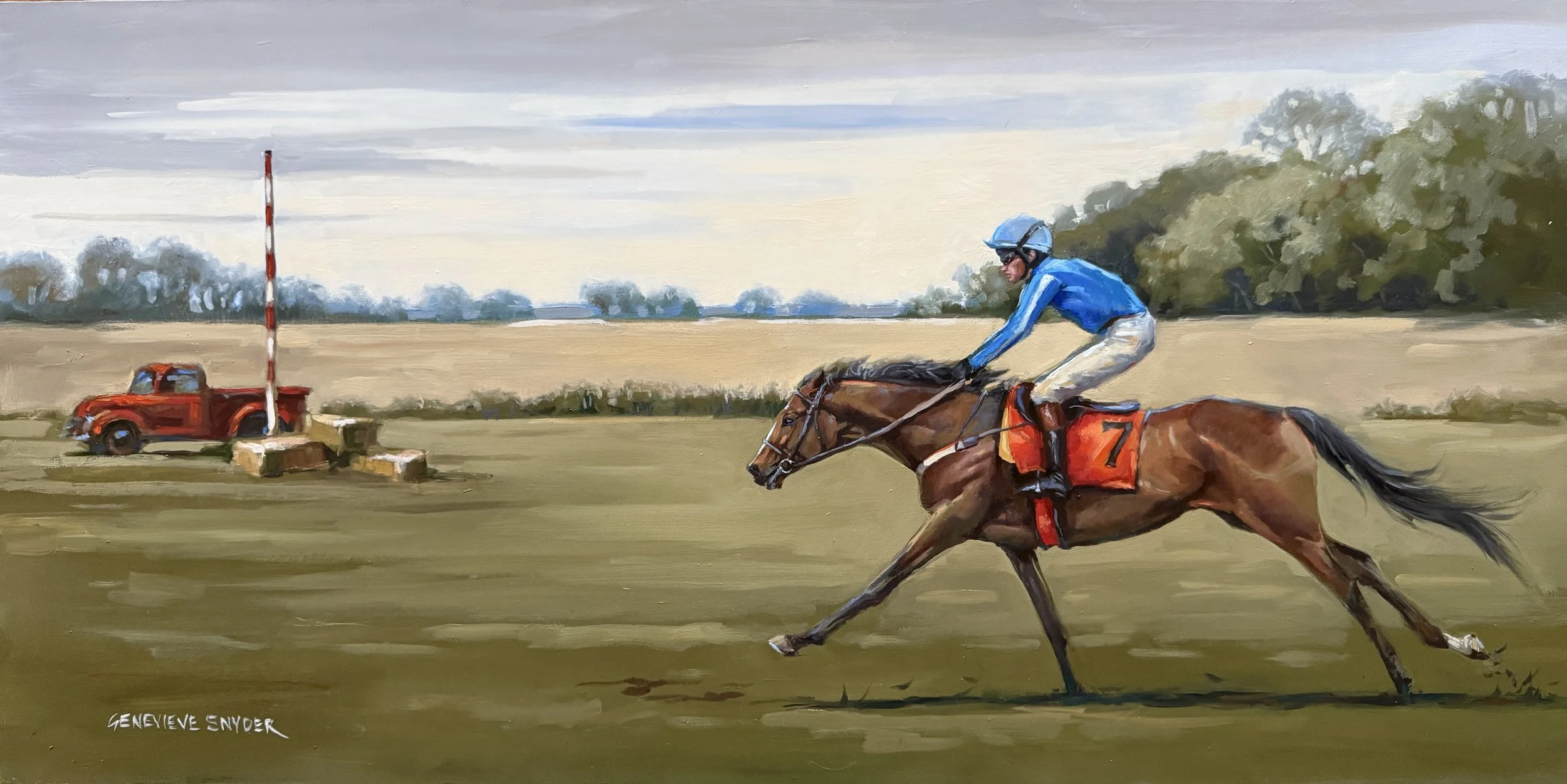 "7 for the Win" by Genevieve Snyder, 18 x 36 inches, Oil on Board (Willowdale Steeplechase 2024) - $2,500 - SOLD