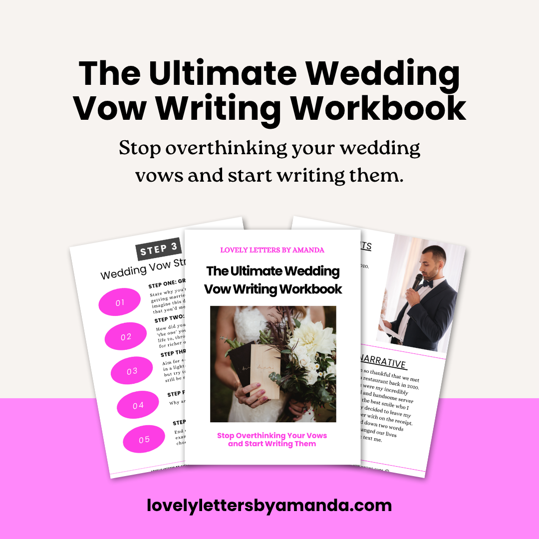 Pages from Amanda Layton's Wedding Vow Writing Workbook featuring guided prompts to help couples write meaningful wedding vows.