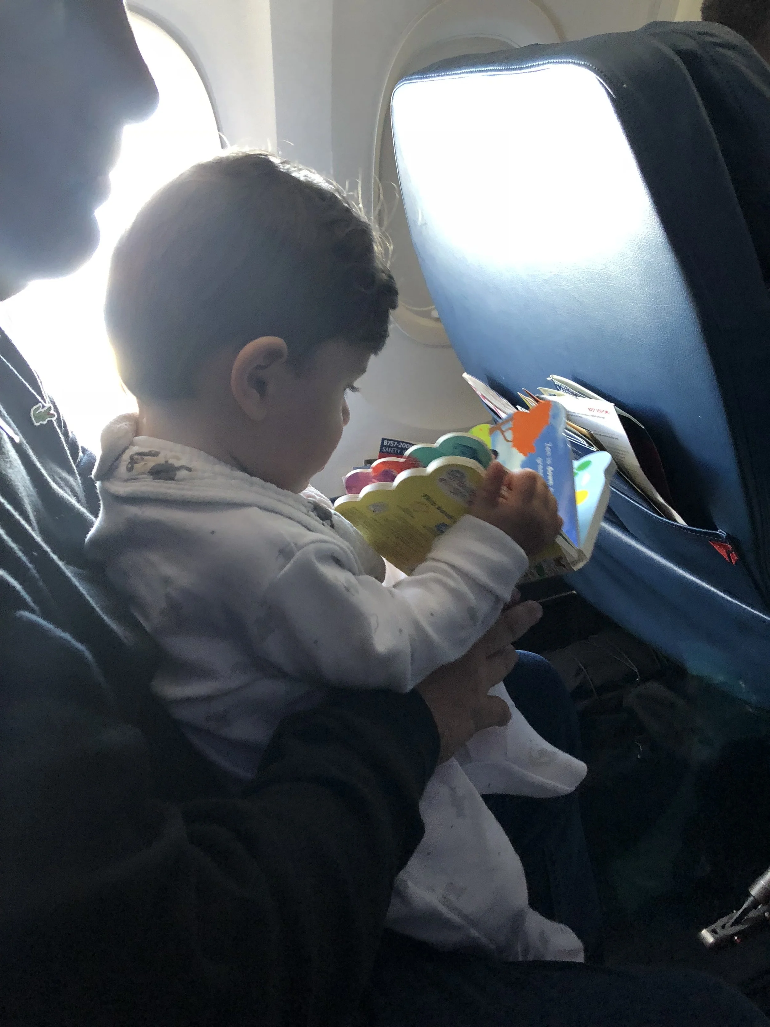 Baby on a adults lap on a plane